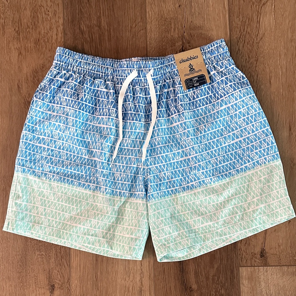 Chubbies Blue and Light Green Geometric Swim Trunks